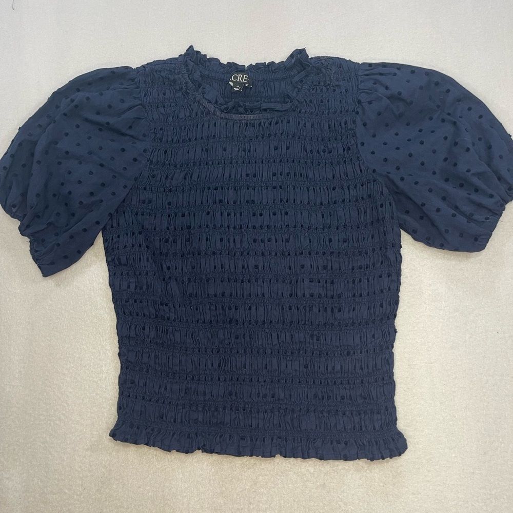 J.Crew Smocked Navy Swiss Dot Puff Sleeve Blouse XS Boho Top